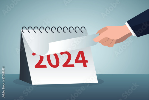 New start, get over and move on, time fly, working project plan or reminder concept. businessman turning page on calendar.2024