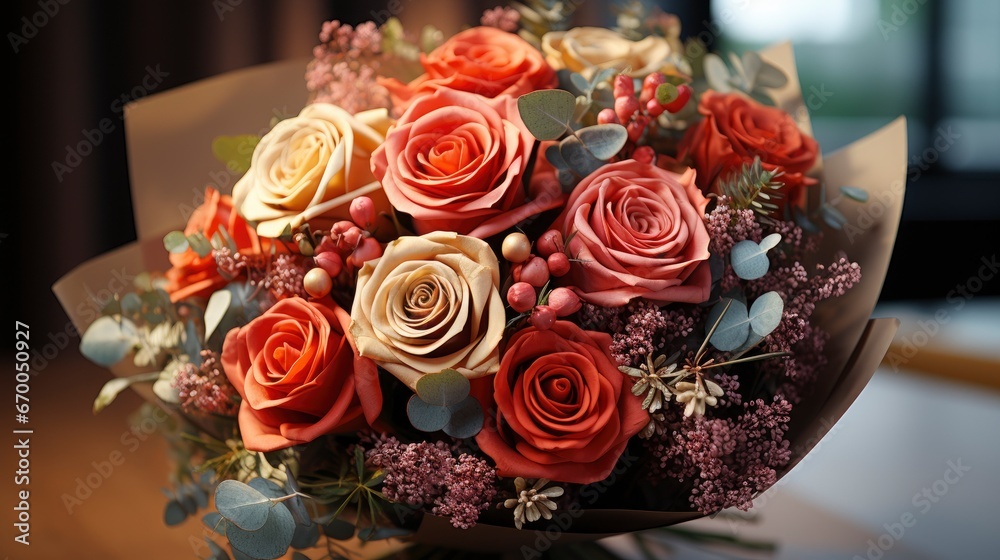 Obraz premium Red Roses Bouquet Festive Background Gold, Background Image, Valentine Background Images, Hd