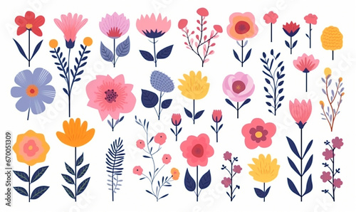 Collection of beautiful wild herbs, herbaceous flowering plants, blooming flowers. Botanical illustration. Set of cartoon bouquets for greeting card or stickers with simple background.