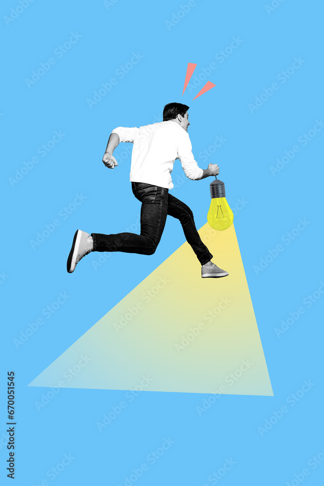Full body collage of happy funny businessman has creative idea running with light bulb at blackout in ukraine isolated on blue background