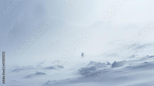 A person walks in a blizzard. Snowy landscape, severe weather and harsh conditions. photo