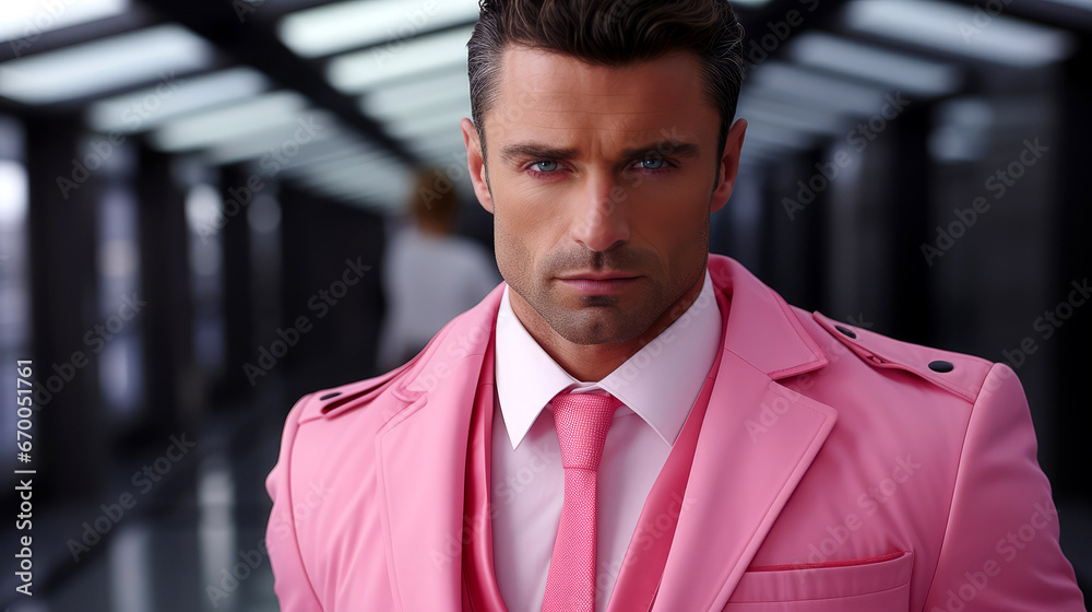 Stylish Contemporary Male Model in Trendy Pink Outfit for Fashion Magazine Stylish Contemporary Male Model in Trendy Pink Outfit for Fashion Magazine