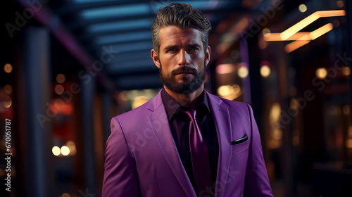 Stylish Contemporary Male Model in Trendy Purple Outfit for Fashion Magazine Editorial