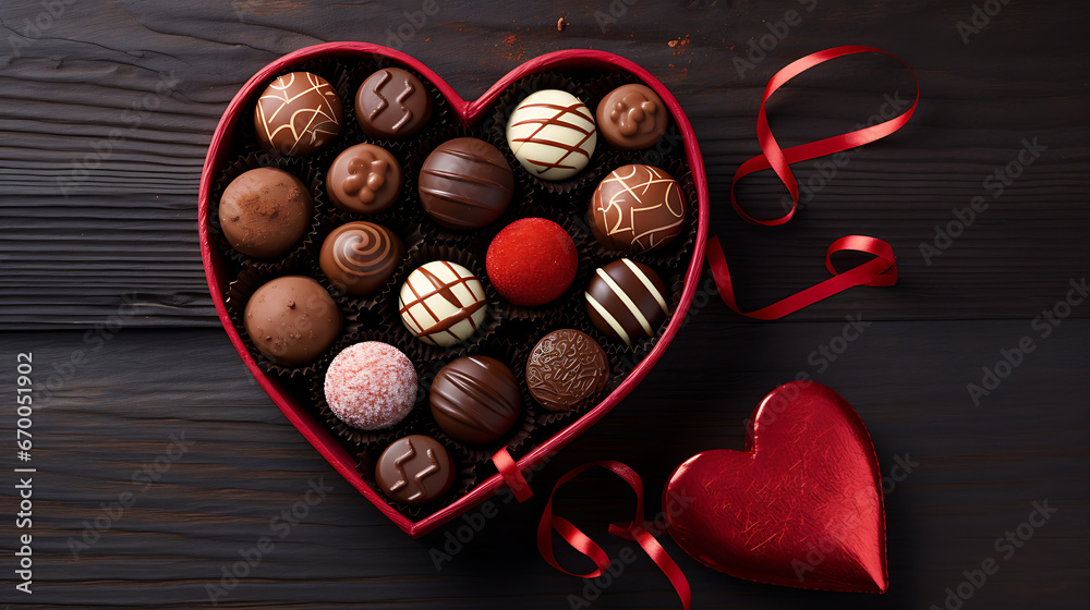 Box of Chocolates Heart Shaped, Handmade Candies, Pralines Truffle, Easter and Valentine's Day Greetings background with copy space Box of Chocolates Heart Shaped, Handmade Candies, Pralines Truffle, Easter and Valentine's Day Greetings background with copy space