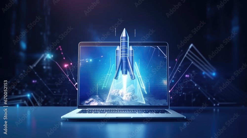 Abstract rocket launch from laptop start up - obrazy, fototapety, plakaty 