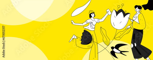 24 solar terms: Beginning of spring, rain, awakening of insects, spring breeze, Qingming Festival, Grain Rain, flat character vector concept operation hand-drawn illustration
