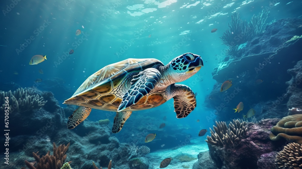 A beautiful sea turtle swims among various algae and corals in the sea or ocean. Marine inhabitants. Colorful exotic fish species around. Generative AI. A beautiful sea turtle swims among various algae and corals in the sea or ocean. Marine inhabitants. Colorful exotic fish species around. Generative AI.