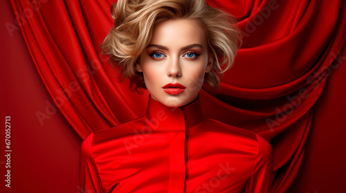 Elegantly Stylish Red Outfit: Fashionable Female Model for Contemporary Magazine Shoot
