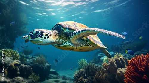 A beautiful sea turtle swims among various algae and corals in the sea or ocean. Marine inhabitants. Colorful exotic fish species around. Generative AI.