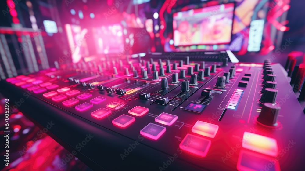 Vibrant DJ Booth: Nightlife Entertainment in Modern Club Setting Vibrant DJ Booth: Nightlife Entertainment in Modern Club Setting
