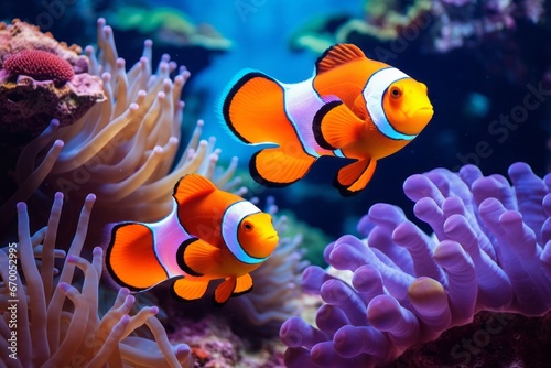 Beautiful colorful sea fish live in an aquarium among various algae and corals. Rare fish species in the aquarium. Red Amphiprion Clown fish. Generative AI.