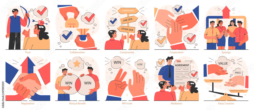 Win-win set. Professionals, employees navigate challenges, finding mutual success. Compromise, synergy and collaboration in negotiation process. Flat vector illustration.