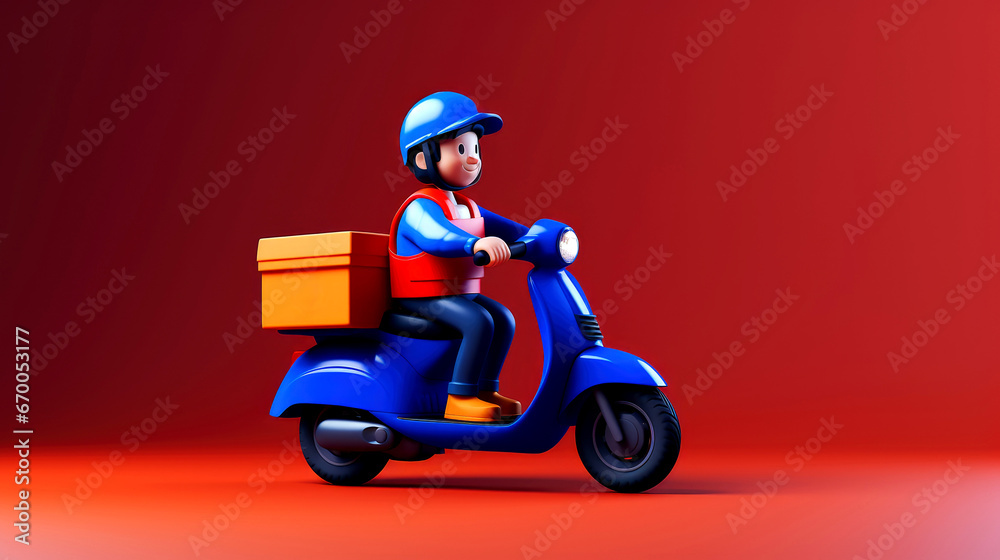 Delivery Guy with Boxes on Bike in Vibrant 3D Render on Red Background Delivery Guy with Boxes on Bike in Vibrant 3D Render on Red Background