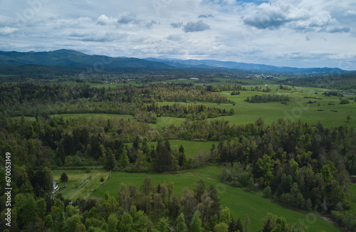 Idyllic landscape in Slovenia. Aerial drone photo of a beautiful forest trees and cloudy sky
