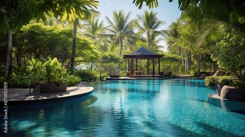 Swimming pool with gazebo in luxury hotel resort.
