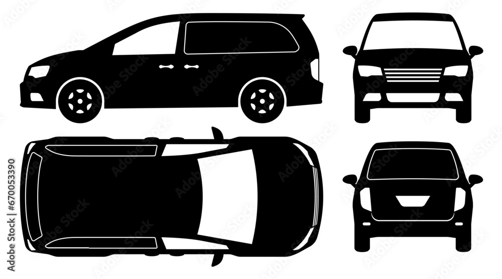Van silhouette on a white background. Vehicle icons set view from the side, front, back, and top