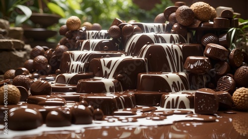 An AI illustration of a waterfall made of chocolates sitting next to a bowl