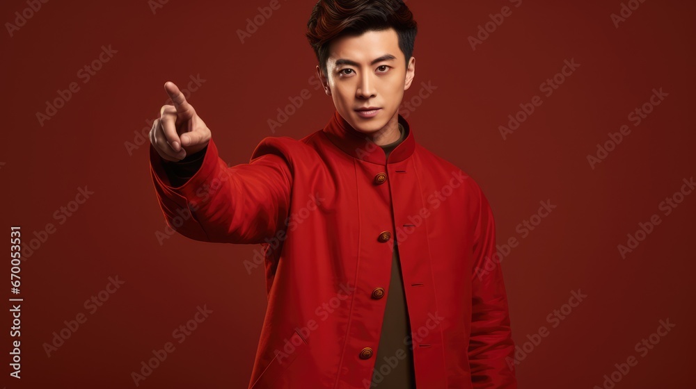 Focused Chinese Businessman Pointing in Urban Setting Focused Chinese Businessman Pointing in Urban Setting