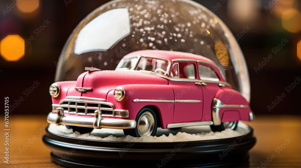 Vintage Pink Toy Car in Christmas Ball with Snow - Festive Retro Decoration