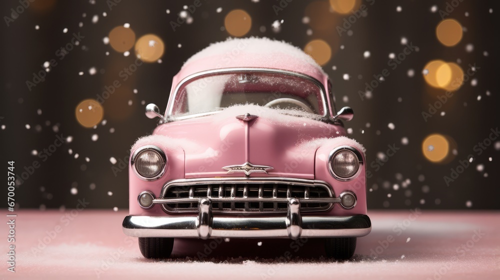 Vintage Pink Toy Car in Christmas Ball with Snow - Festive Retro Decoration