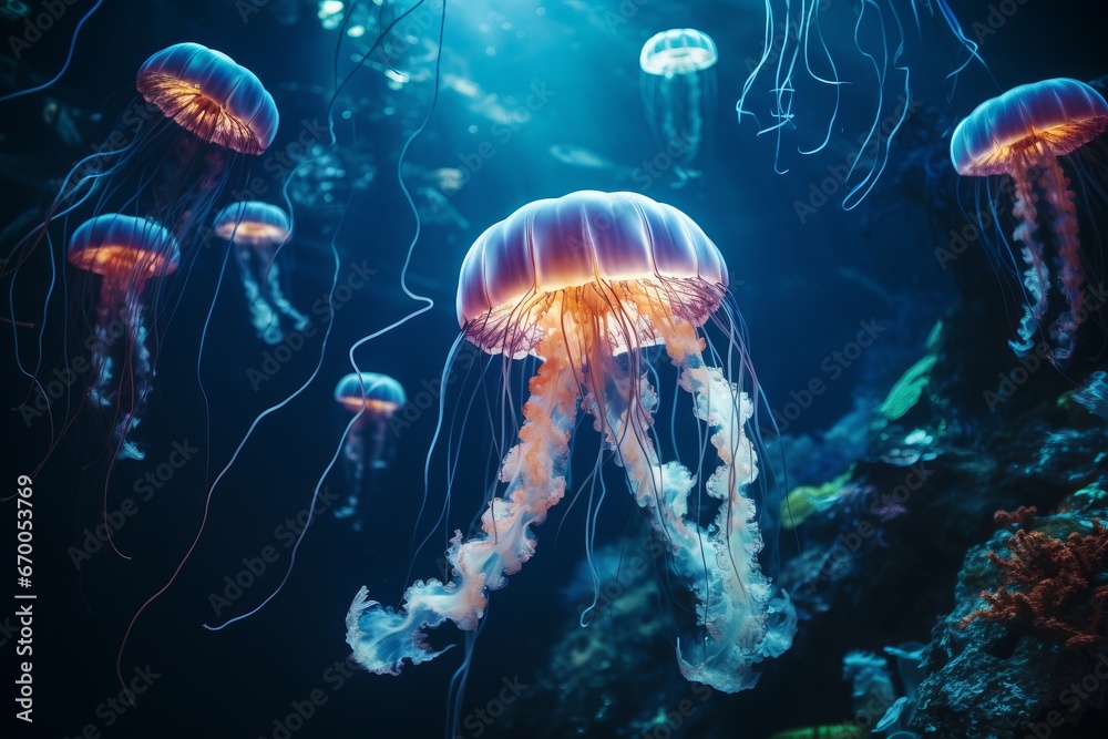 Beautiful glowing pink jellyfish in the ocean swim among the coral reef ...
