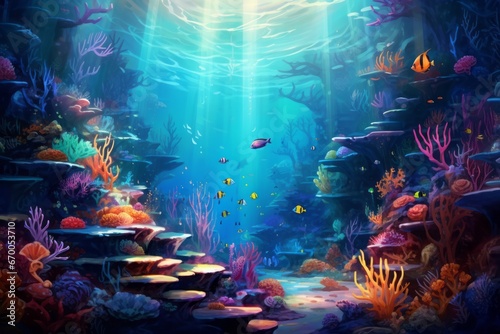 Beautiful seabed with colorful fish and coral reef. A postcard from the copy space. The bottom of the ocean with active marine life. Cartoon style  Generative AI.