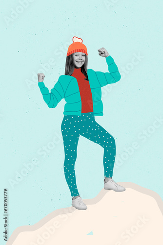 Vertical creative collage image of funny female walk excited outside christmas new year greeting card template holiday x-mas congratulation