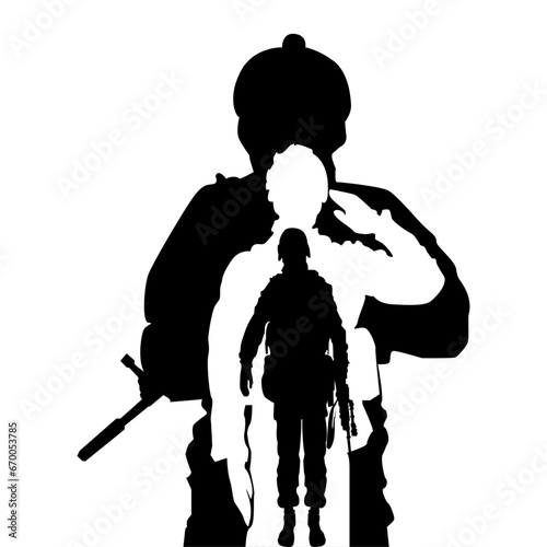 silhouette of a salute soldier military salute in black and white background.