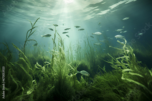 Colorful water reef with green algae and fishes, with sun rays underwater
