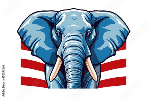 Realistic elephant head with a striped red and white background, symbol of republican party