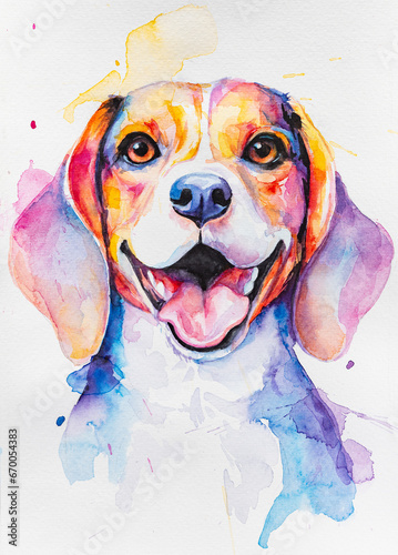 Photography dog painted in watercolor on a white background