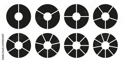 Circle division on 2, 3, 4, 5, 6, 7, 8, 9 equal parts. Infographic set. Wheel round divided diagrams with two, three, four, five, six, seven, eight, nine segments. Donut charts, pies. Vector graphic.