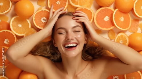 Happy girl lies in orange slices. Concept of skin health thanks to vitamin C. photo