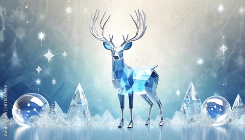 3D realistic translucent Christmas crystal deer and decorations on abstract background