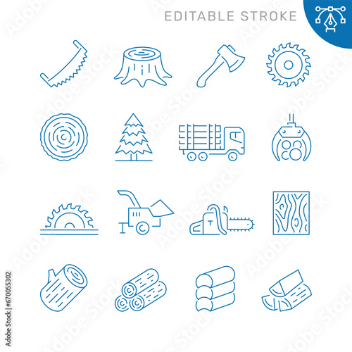 Vector line set of icons related with timber. Contains monochrome icons like sawmill, axe, wood, forestry, chainsaw, circular and more. Simple outline sign. Editable stroke.