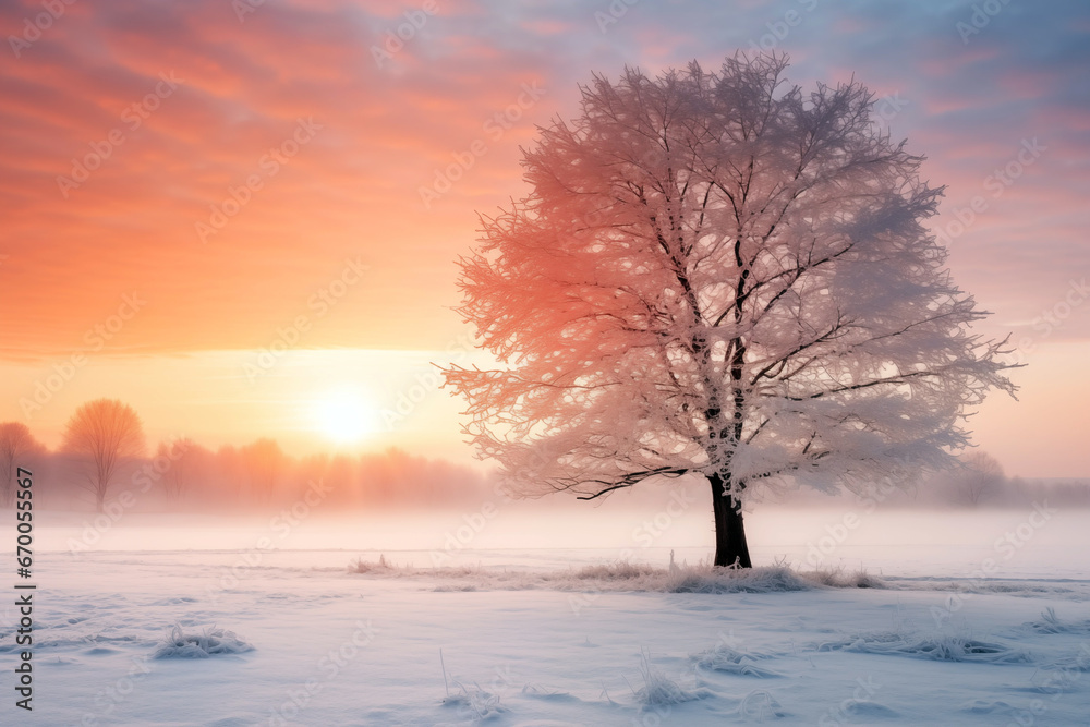 one tree with snow on branches standing alone in park during sunset period one tree with snow on branches standing alone in park during sunset period