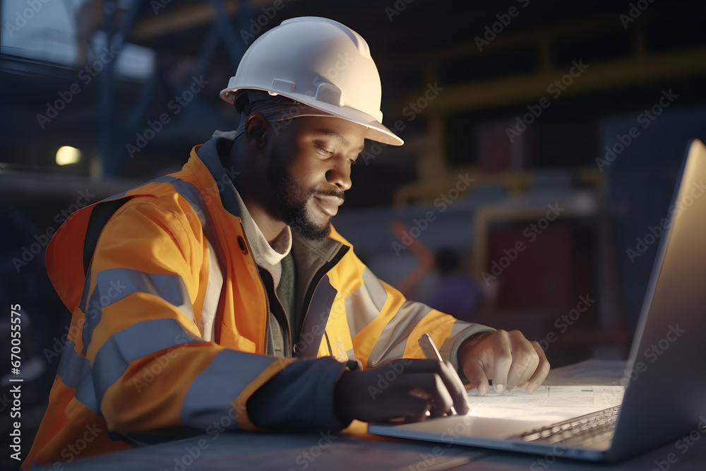 An industrial worker using a laptop in a large facility during nighttime An industrial worker using a laptop in a large facility during nighttime