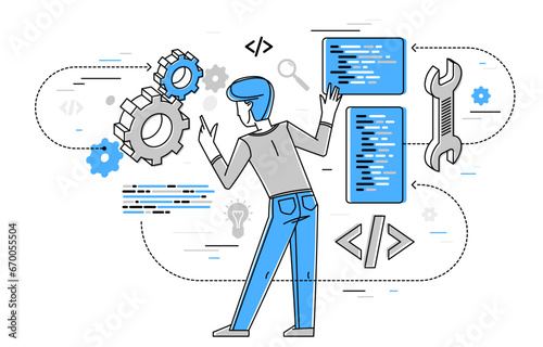 Programmer is coding and repairing some machine system, vector outline illustration, computer engineer doing his job, sysadmin and coder.