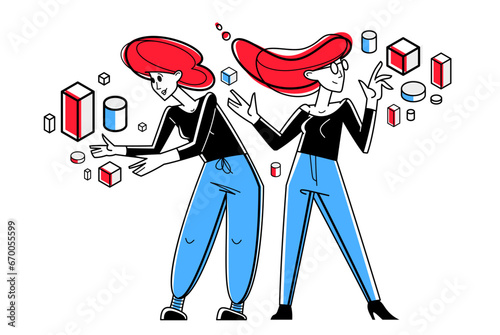 Creative workers doing some job and creating some system, inspired inventive designers or engineers composing abstract elements, vector outline illustration.