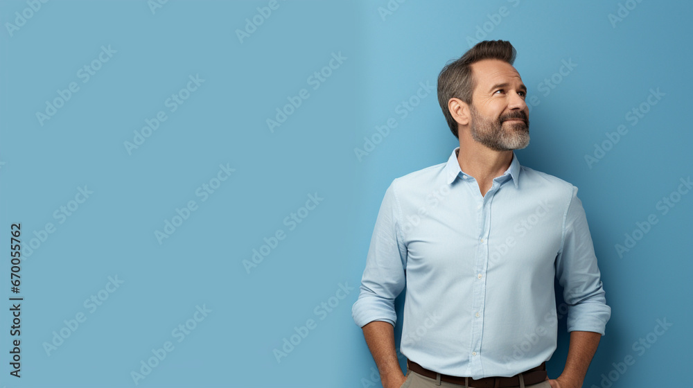 Zadbany dojrzały mężczyzna w niebieskiej koszuli  - obrazy, fototapety, plakaty 