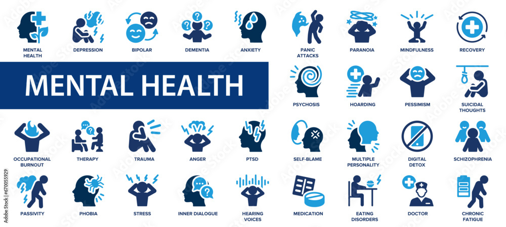 Mental health flat icons set. Loneliness, campaign, helpline, bipolar, mental care, panic icons and more signs. Flat icon collection. - obrazy, fototapety, plakaty 