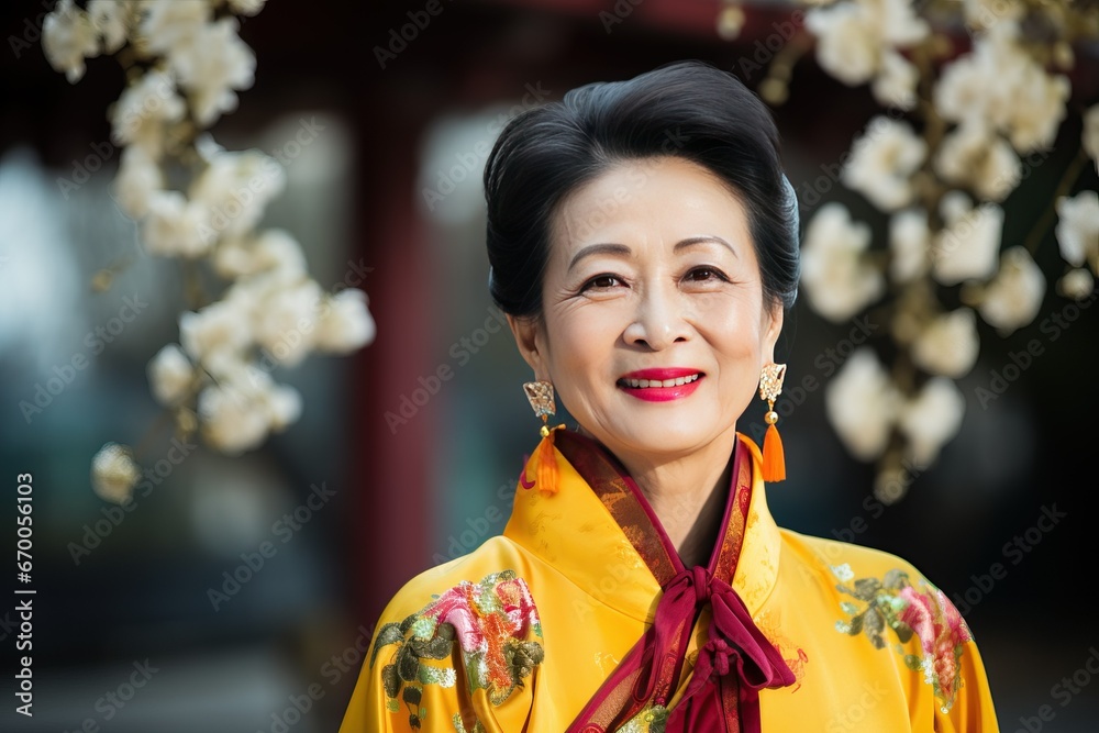 Asian mid-aged woman in elegant clothes celebrating chinese new year Asian mid-aged woman in elegant clothes celebrating chinese new year