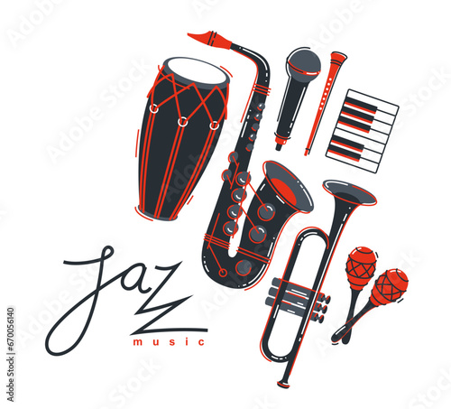 Jazz music band poster vector flat illustration, live sound festival or concert advertising flyer or banner, play different instruments orchestra.