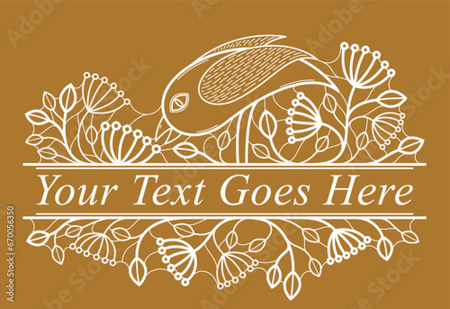 Bird on a branch floral vector design with leaves over dark, classical elegant fashion style banner or text divider for design, luxury vintage linear emblem or frame element.