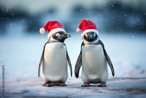 Two adorable penguins in snow wearing festive santa hats © Piotr