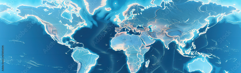 wide horizontal banner of world map embossed in stylized illustration hardstyle with empty copy space area for text for international global subject or environmental and sustainable life concepts - obrazy, fototapety, plakaty 