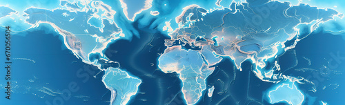 wide horizontal banner of world map embossed in stylized illustration hardstyle with empty copy space area for text for international global subject or environmental and sustainable life concepts