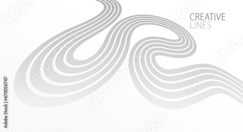 Lines in perspective vector abstract background in light grey and white monochrome, 3D dimensional stripes with smooth gradient and wavy motion.
