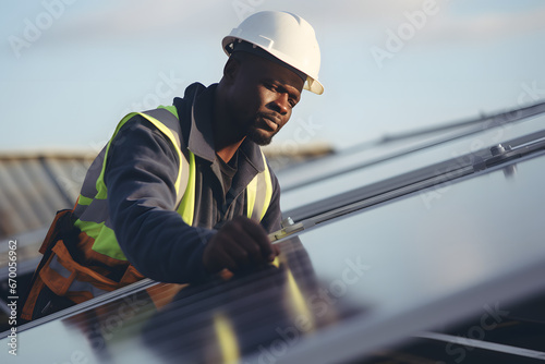 Worker in white helmet and blue vest inspecting solar panels