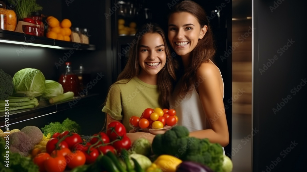 females couple standing with fresh vegetables near refrigerator full of products